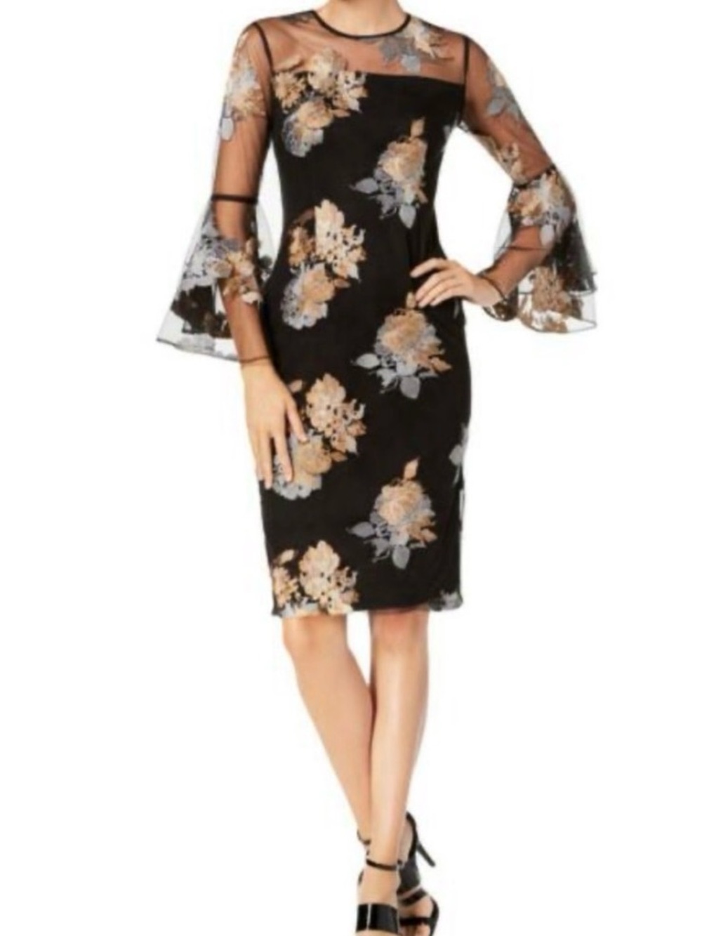 Calvin Klein Black Midi Dress with Gold and Gray Floral Embroidery